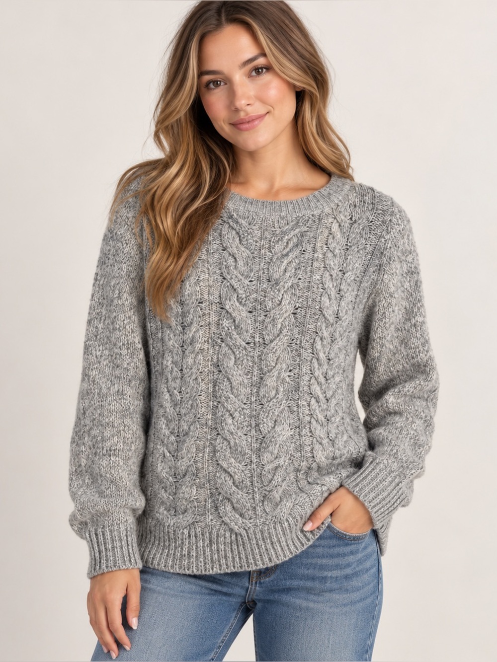 Tommy Hilfiger Cable Knit Sweater Gray Chunky Crewneck Cozy XS